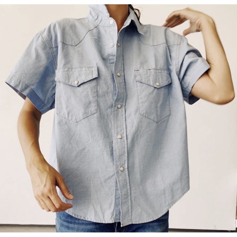 HEY GANG Western Pearl Snap Oversized Shirt In Chambray Blue Women's Size LARGE